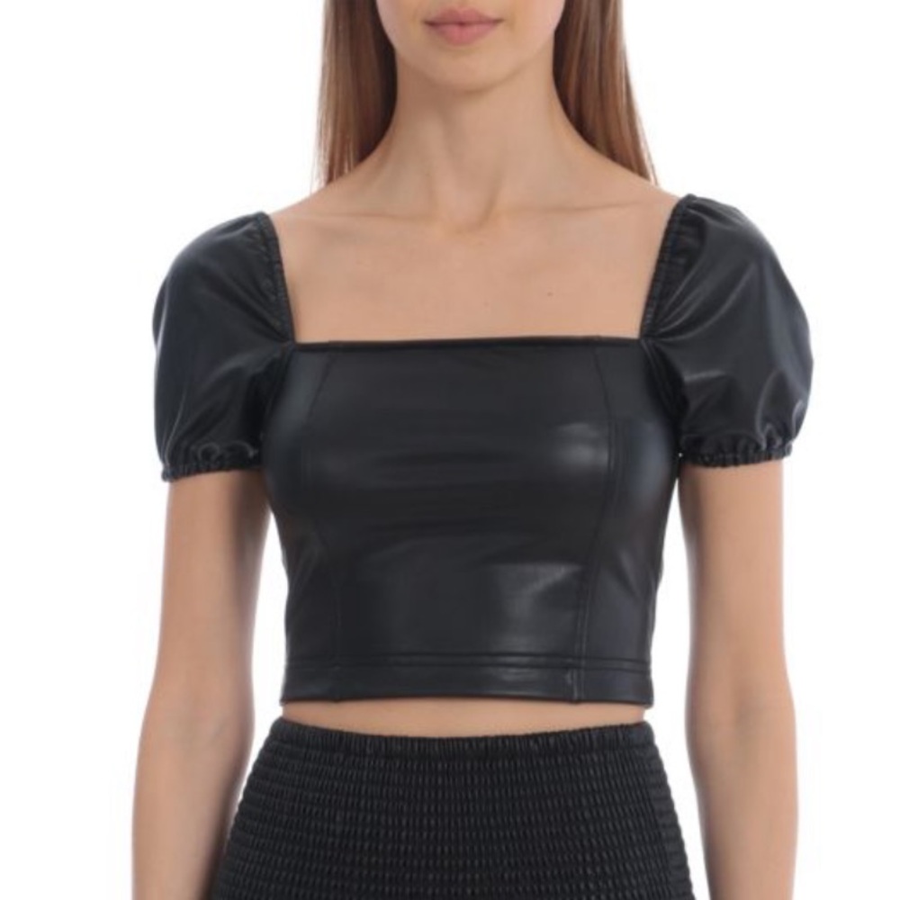 Avec Les Filles Faux Leather Puff Sleeve Top